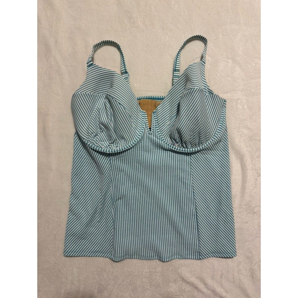 Cacique Teal White Striped Seersucker Tankini Bathing Suit Swim Top 44H